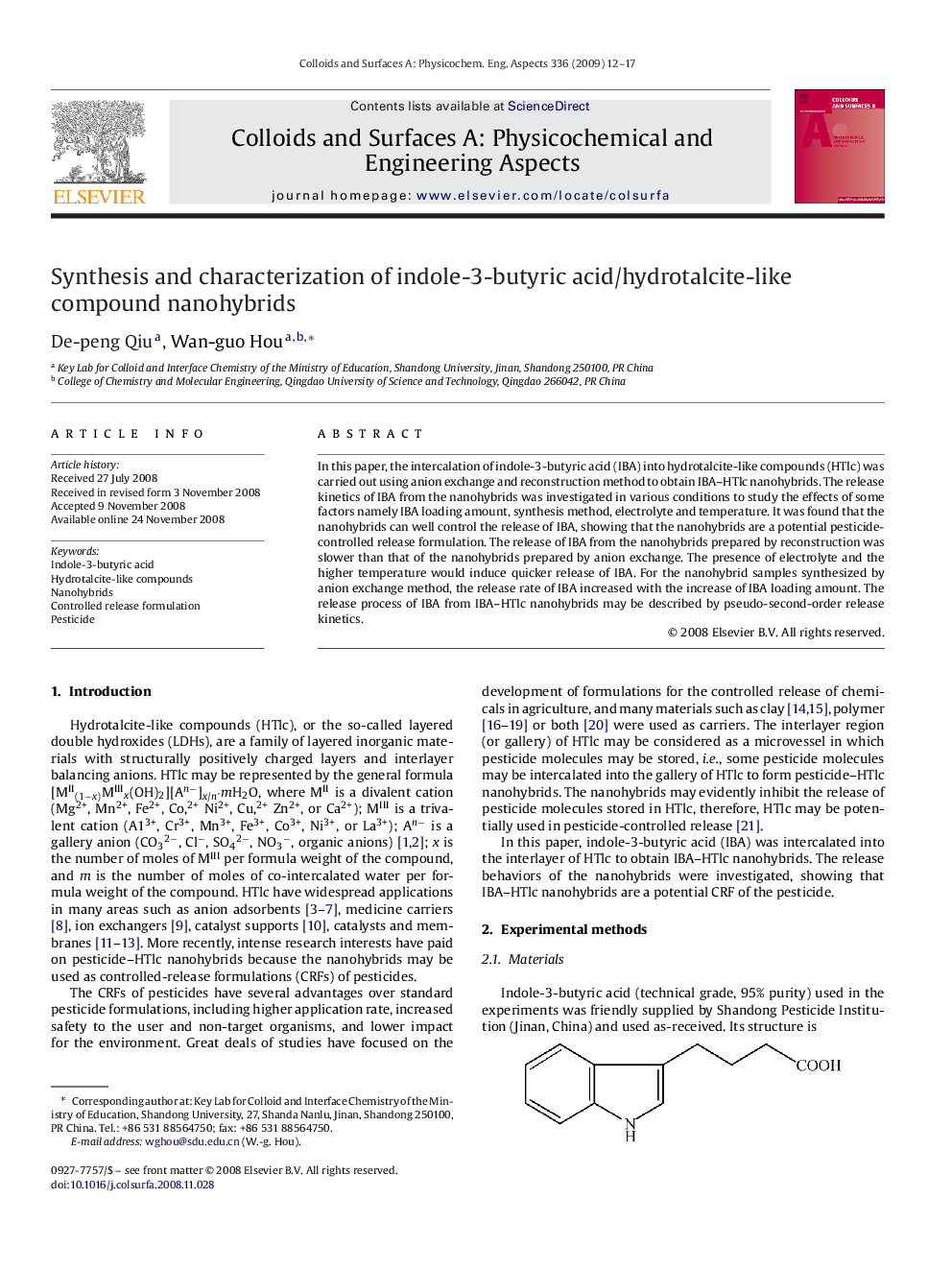 Synthesis and characterization of indole-3-butyric acid/hydrotalcite-like compound nanohybrids