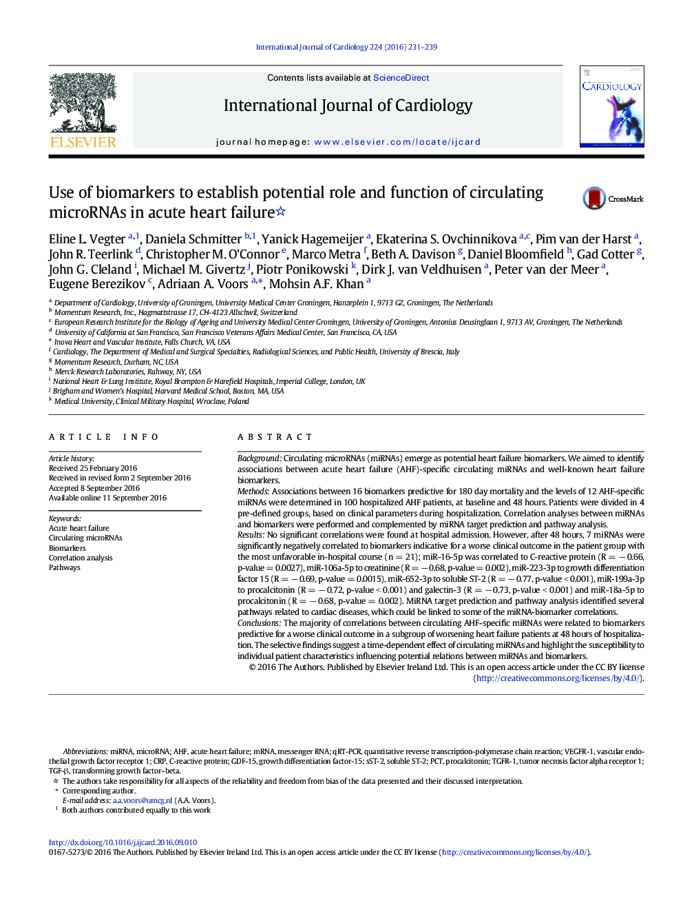 Use of biomarkers to establish potential role and function of circulating microRNAs in acute heart failure