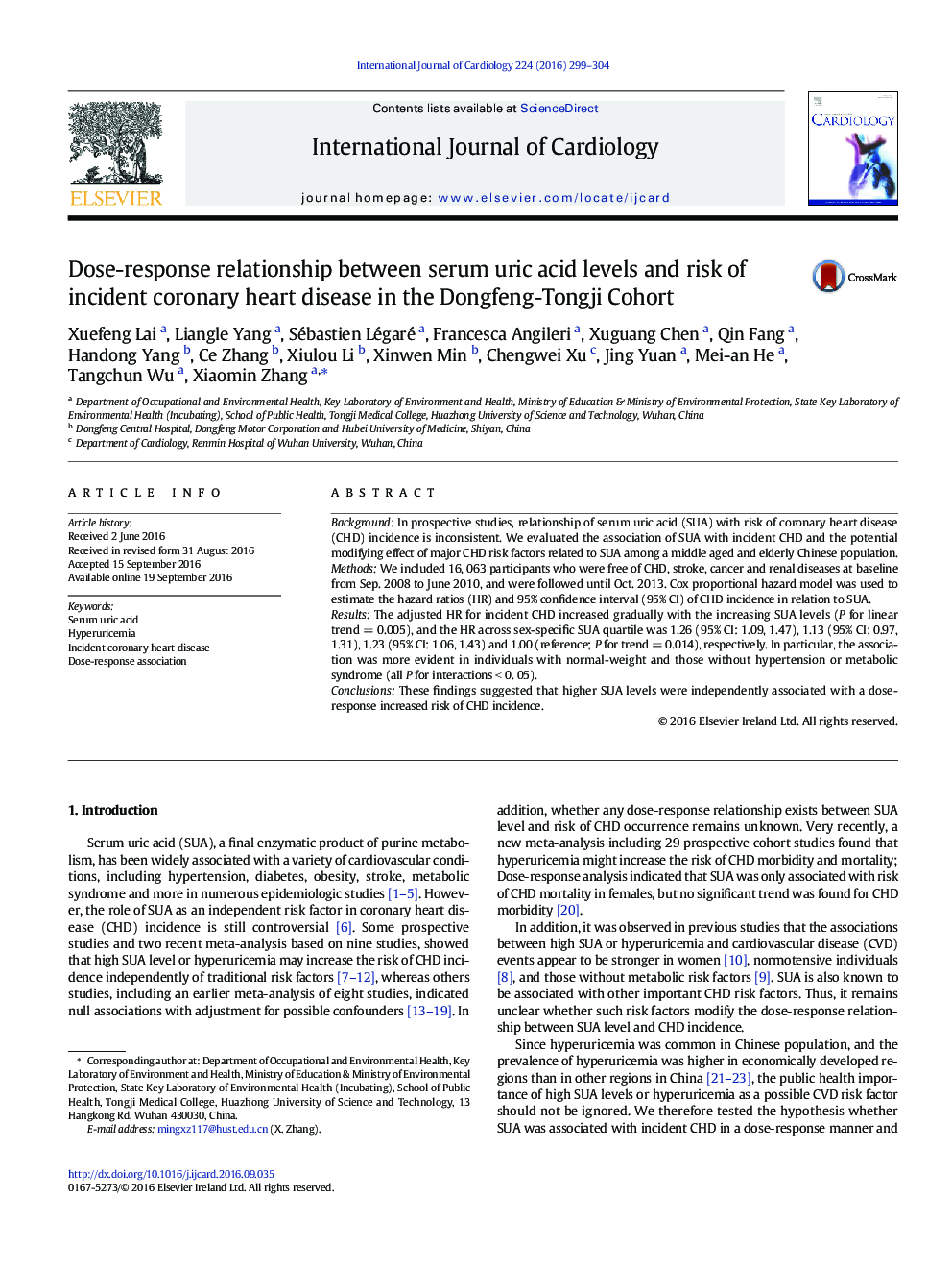 Dose-response relationship between serum uric acid levels and risk of incident coronary heart disease in the Dongfeng-Tongji Cohort