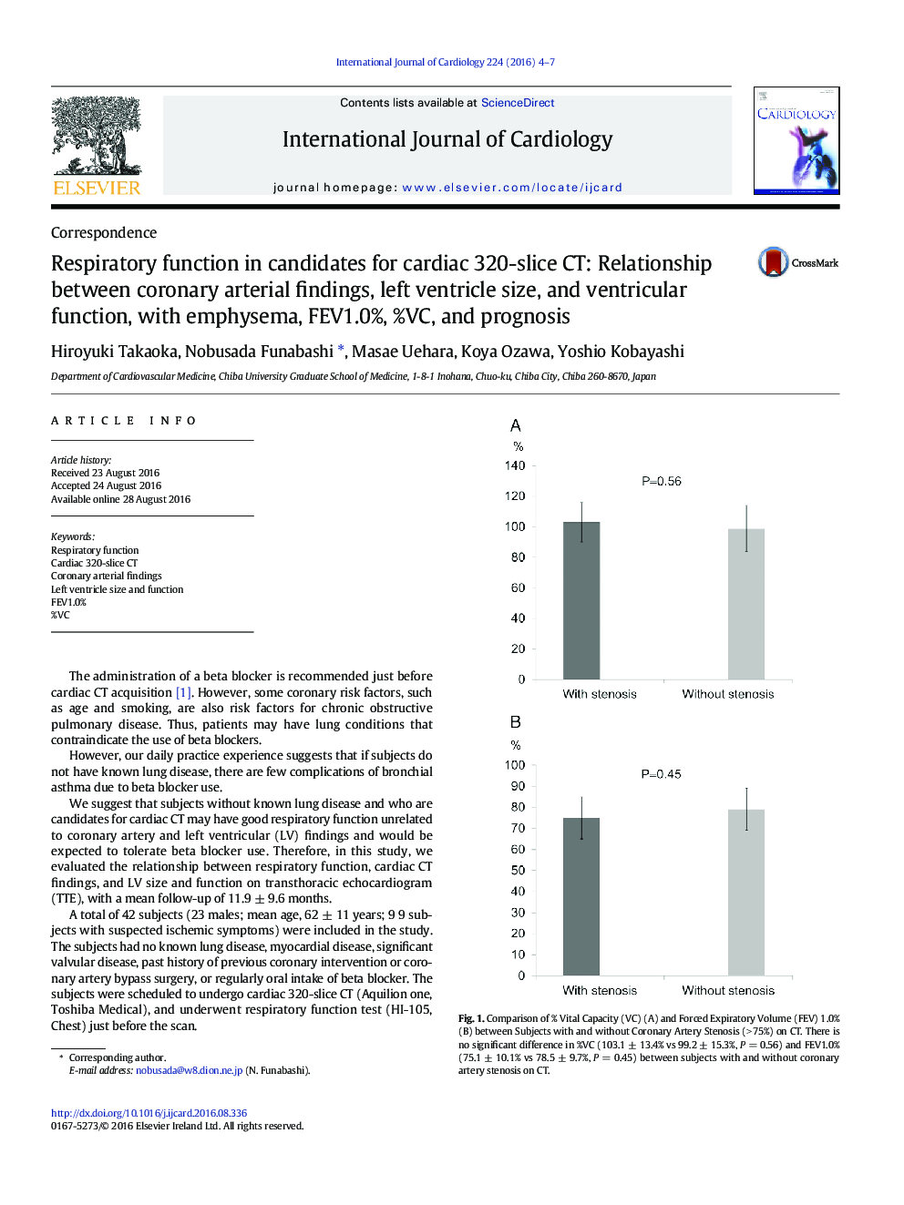 Respiratory function in candidates for cardiac 320-slice CT: Relationship between coronary arterial findings, left ventricle size, and ventricular function, with emphysema, FEV1.0%, %VC, and prognosis