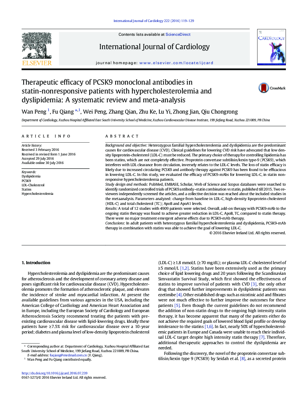 Therapeutic efficacy of PCSK9 monoclonal antibodies in statin-nonresponsive patients with hypercholesterolemia and dyslipidemia: A systematic review and meta-analysis