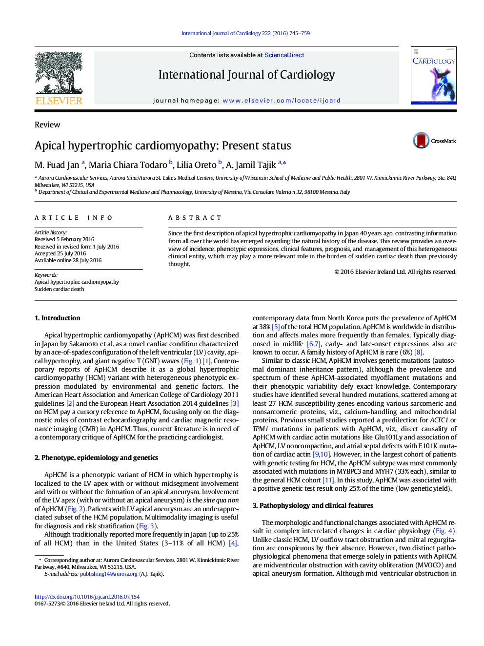 Apical hypertrophic cardiomyopathy: Present status