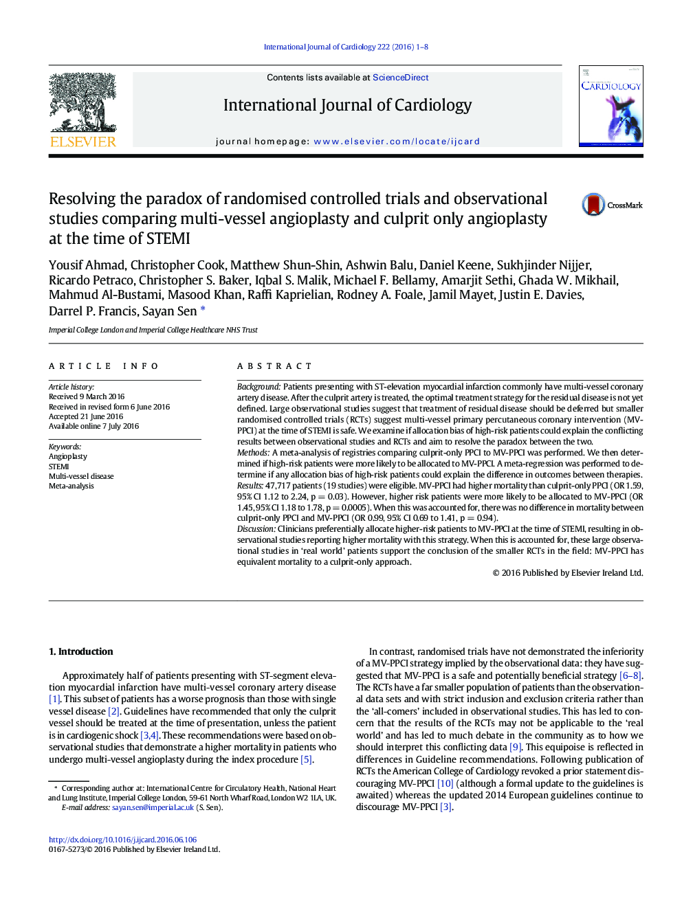 Resolving the paradox of randomised controlled trials and observational studies comparing multi-vessel angioplasty and culprit only angioplasty at the time of STEMI