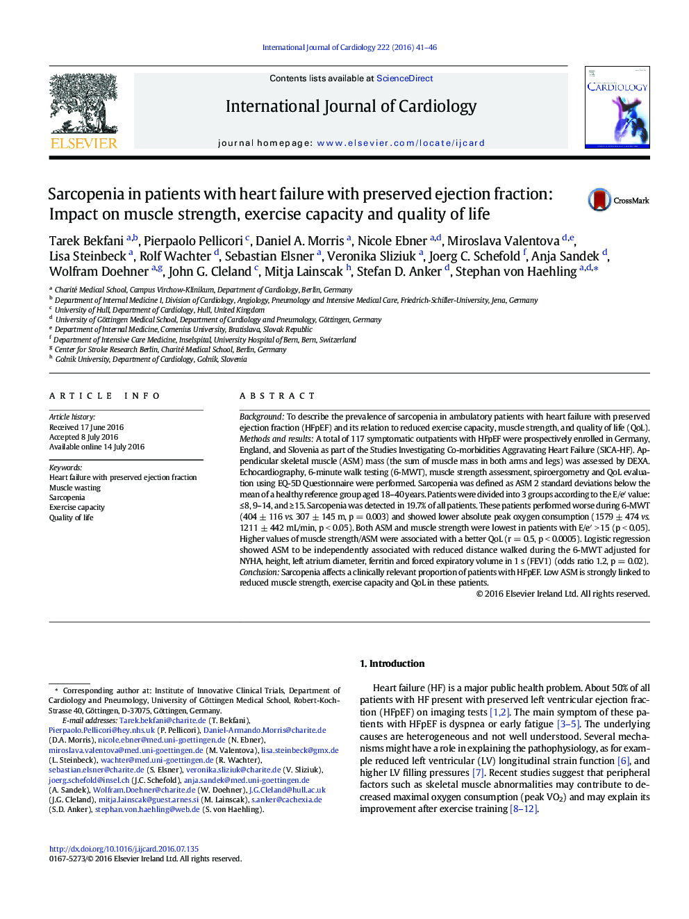 Sarcopenia in patients with heart failure with preserved ejection fraction: Impact on muscle strength, exercise capacity and quality of life