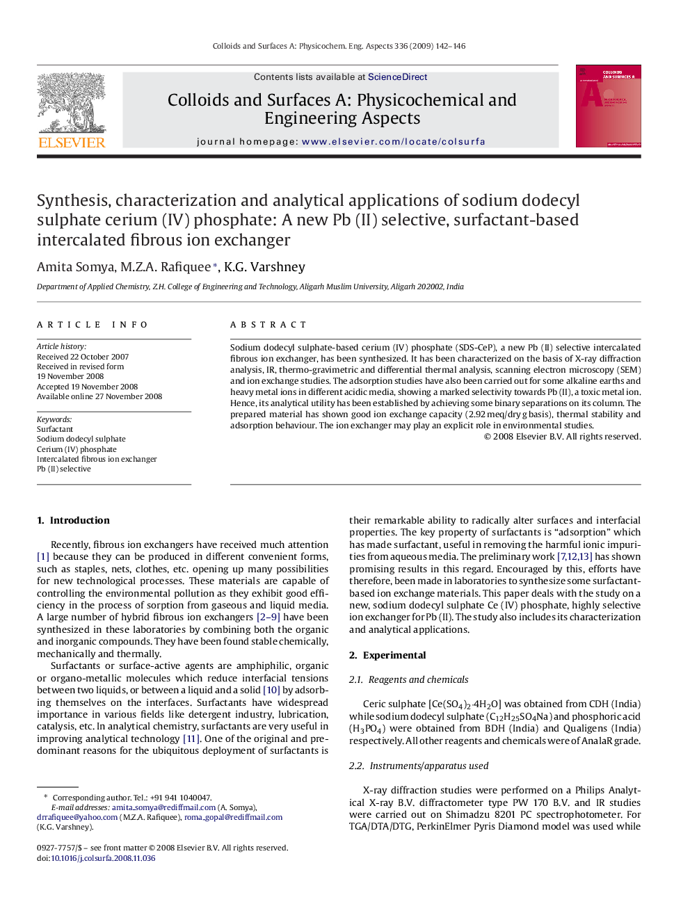 Synthesis, characterization and analytical applications of sodium dodecyl sulphate cerium (IV) phosphate: A new Pb (II) selective, surfactant-based intercalated fibrous ion exchanger