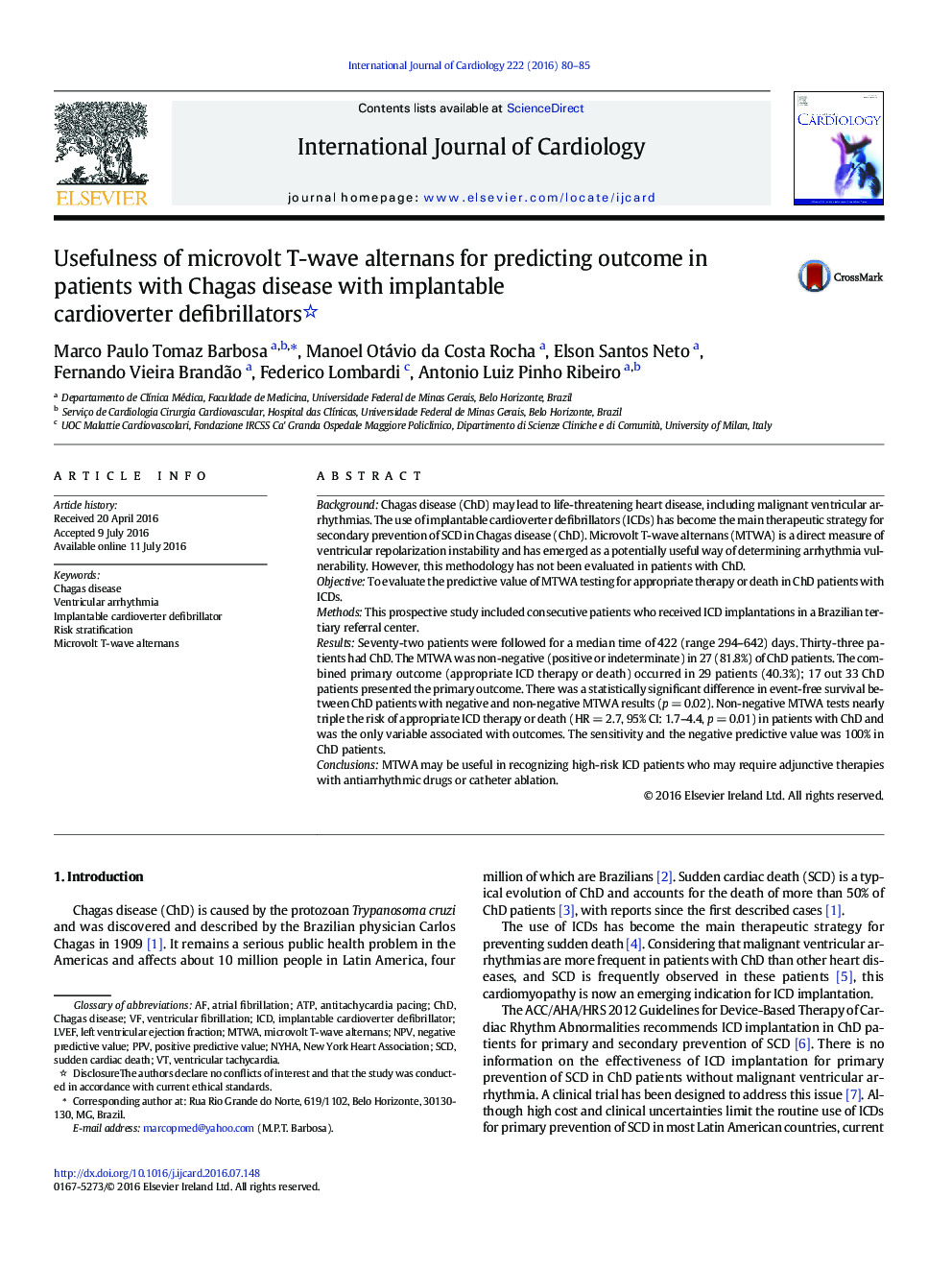 Usefulness of microvolt T-wave alternans for predicting outcome in patients with Chagas disease with implantable cardioverter defibrillators