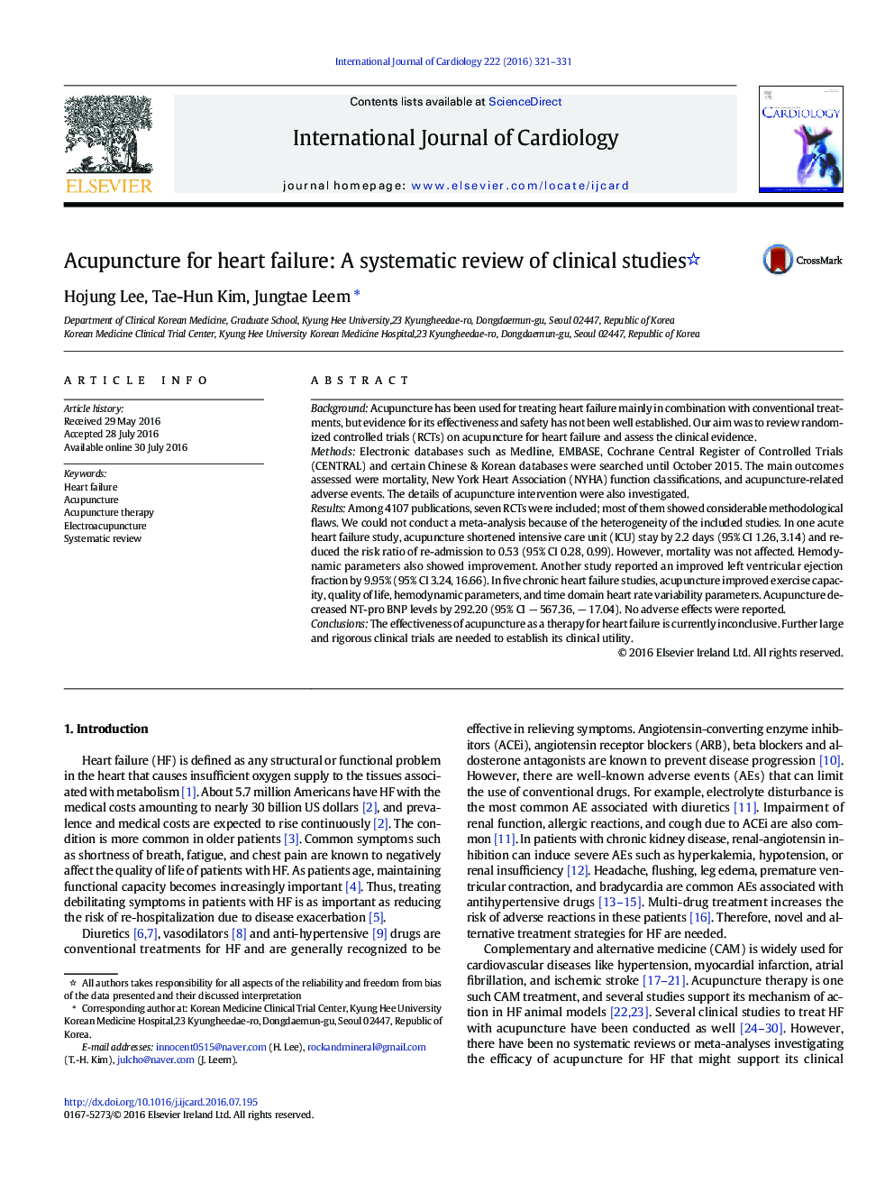 Acupuncture for heart failure: A systematic review of clinical studies