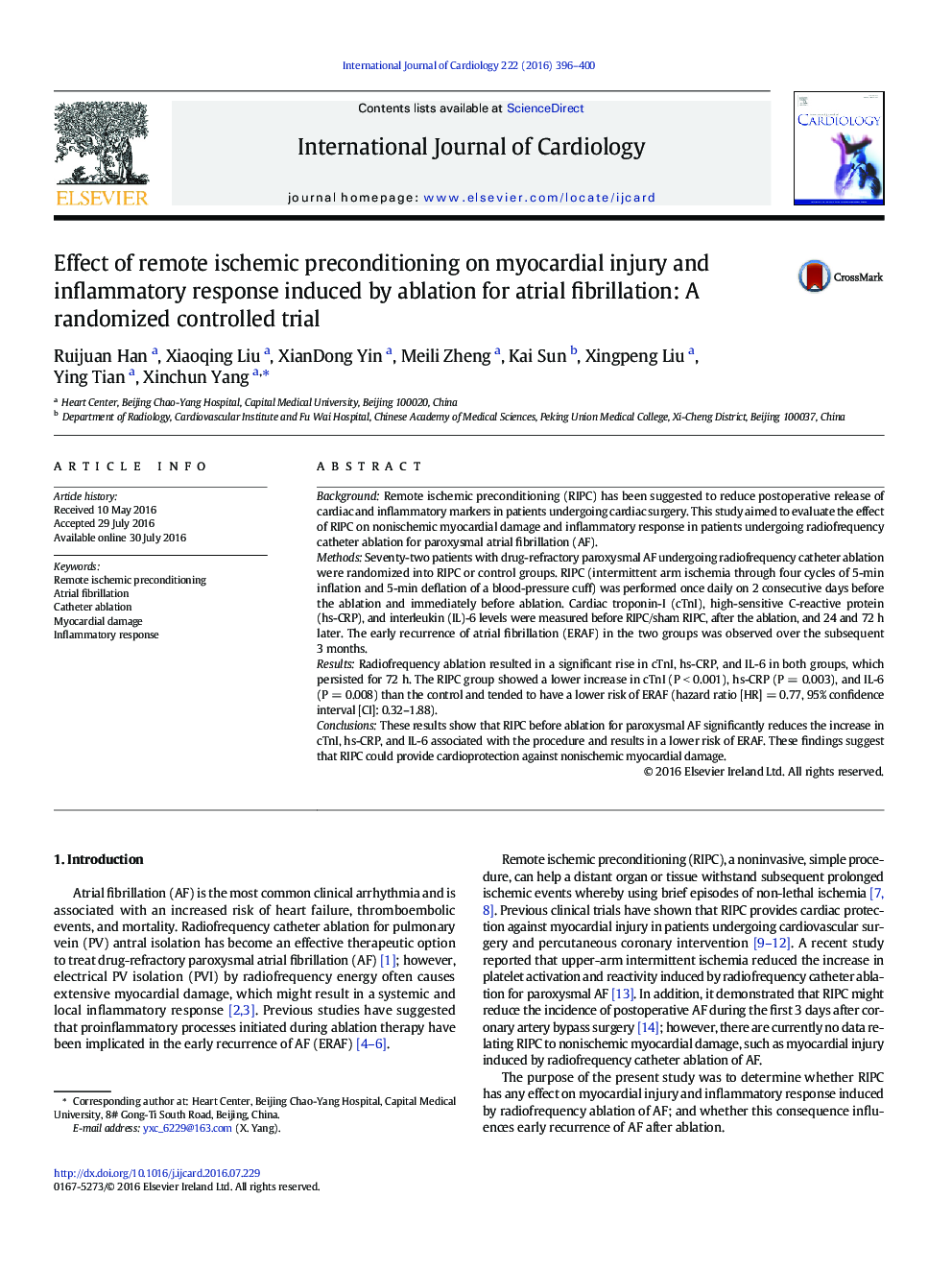 Effect of remote ischemic preconditioning on myocardial injury and inflammatory response induced by ablation for atrial fibrillation: A randomized controlled trial