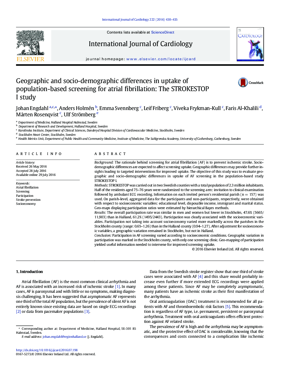 Geographic and socio-demographic differences in uptake of population-based screening for atrial fibrillation: The STROKESTOP I study