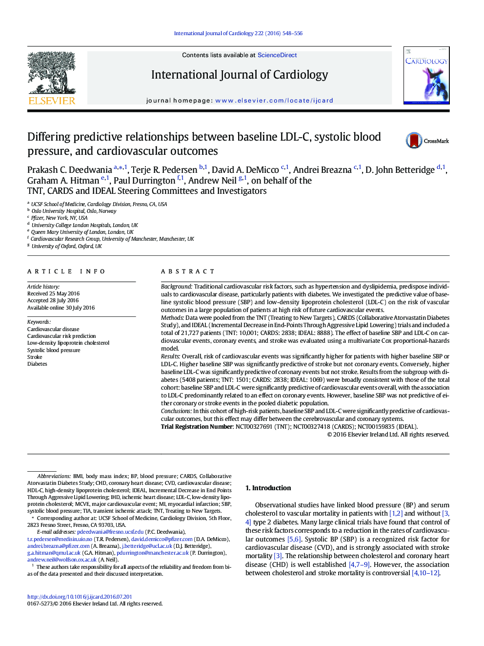 Differing predictive relationships between baseline LDL-C, systolic blood pressure, and cardiovascular outcomes