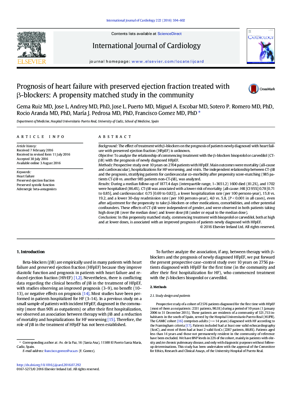 Prognosis of heart failure with preserved ejection fraction treated with Î²-blockers: A propensity matched study in the community