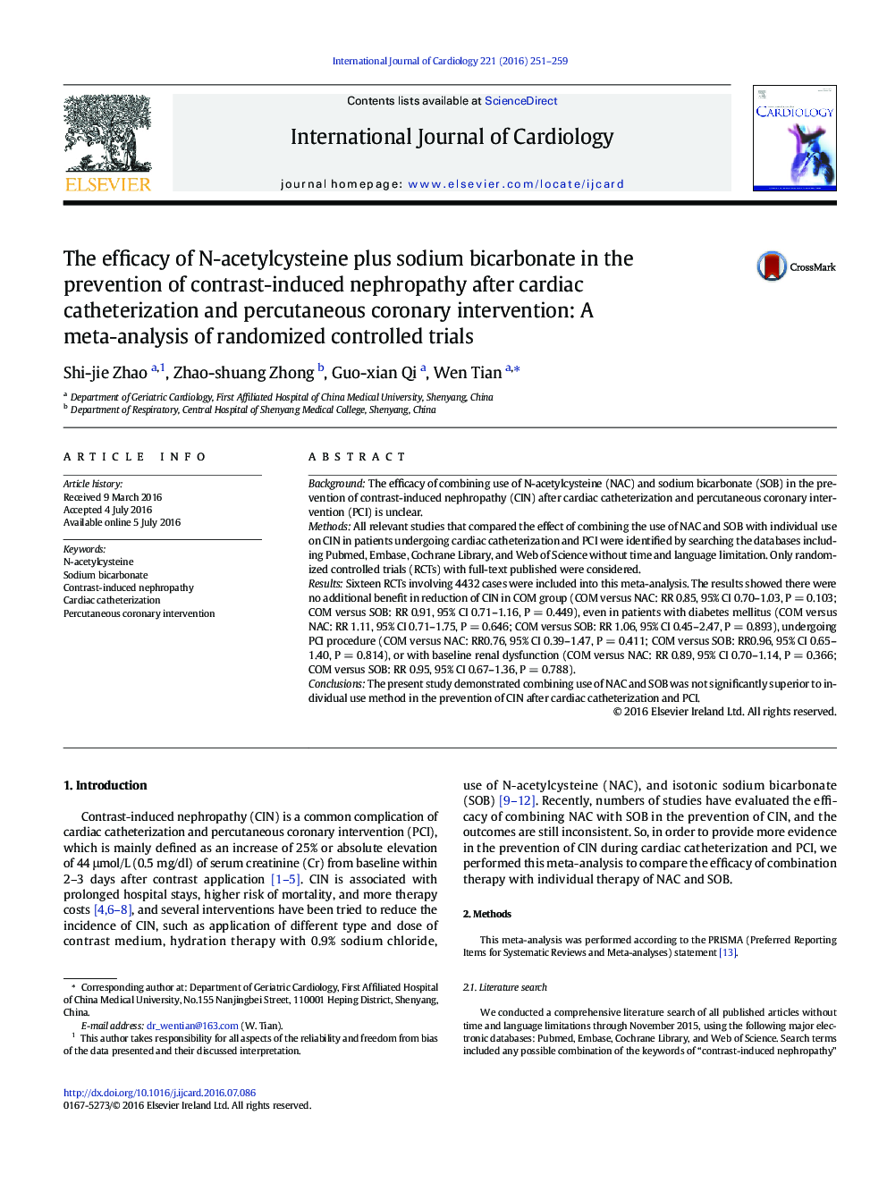 The efficacy of N-acetylcysteine plus sodium bicarbonate in the prevention of contrast-induced nephropathy after cardiac catheterization and percutaneous coronary intervention: A meta-analysis of randomized controlled trials