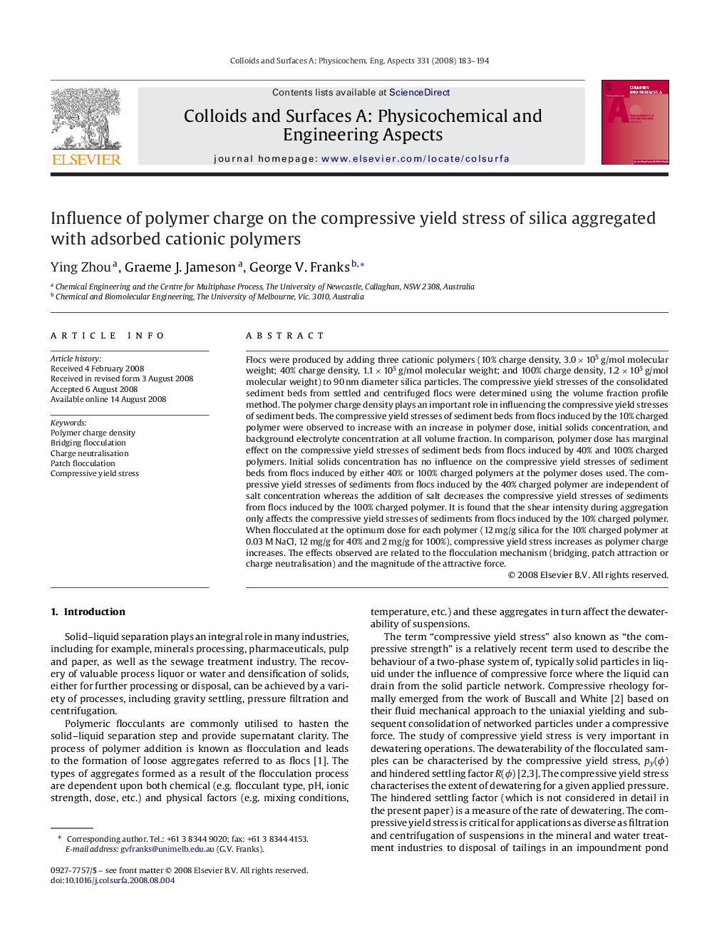 Influence of polymer charge on the compressive yield stress of silica aggregated with adsorbed cationic polymers