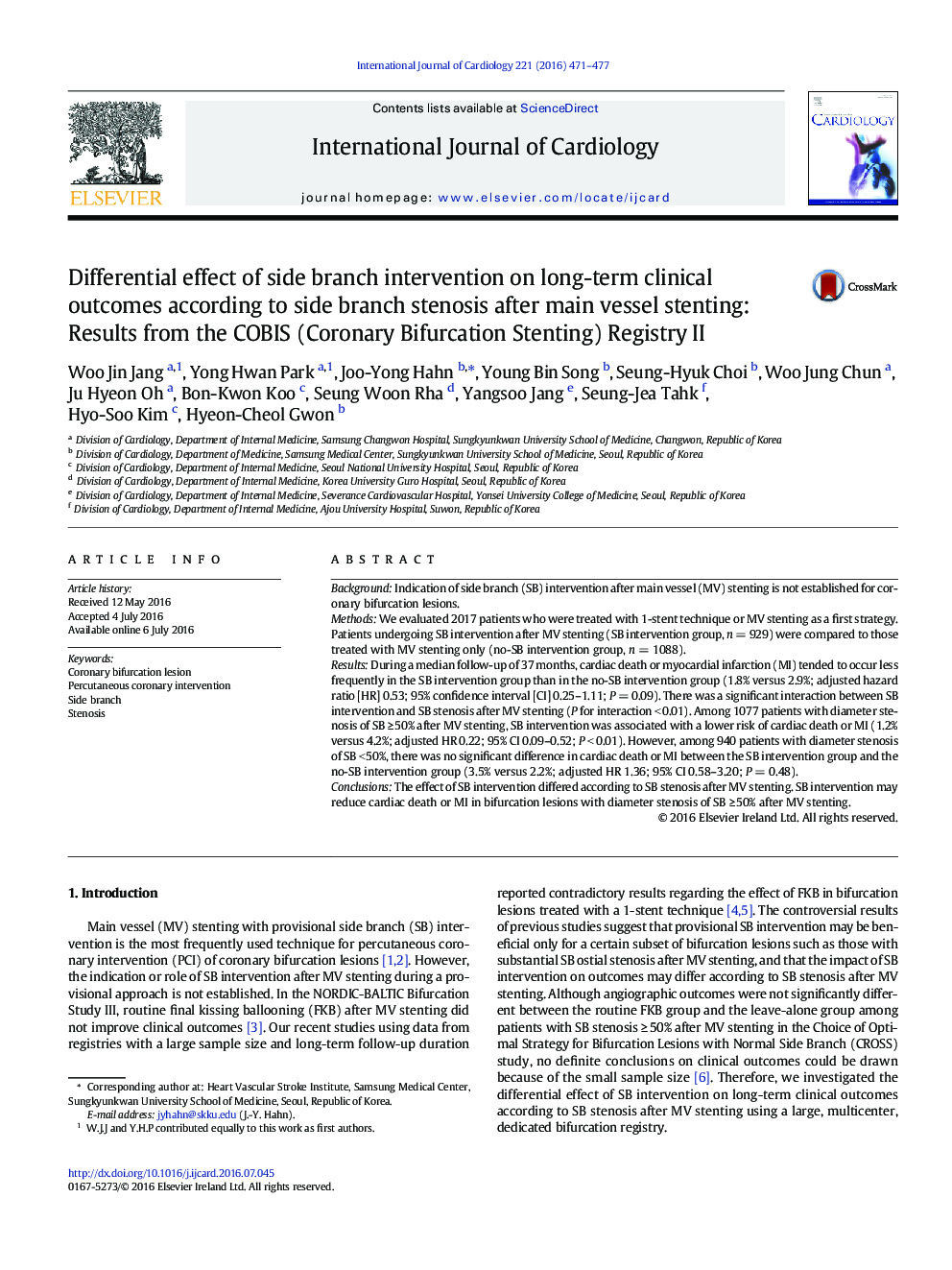 Differential effect of side branch intervention on long-term clinical outcomes according to side branch stenosis after main vessel stenting: Results from the COBIS (Coronary Bifurcation Stenting) Registry II