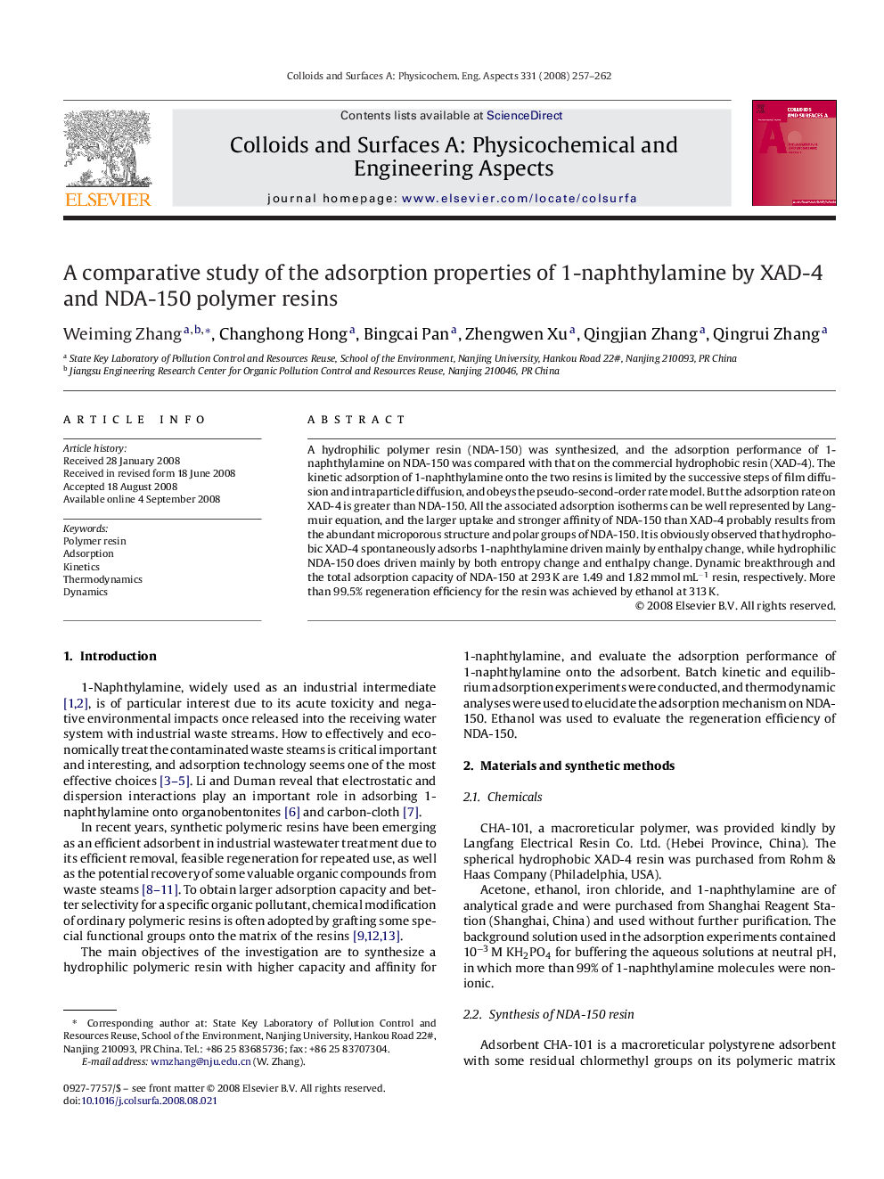 A comparative study of the adsorption properties of 1-naphthylamine by XAD-4 and NDA-150 polymer resins