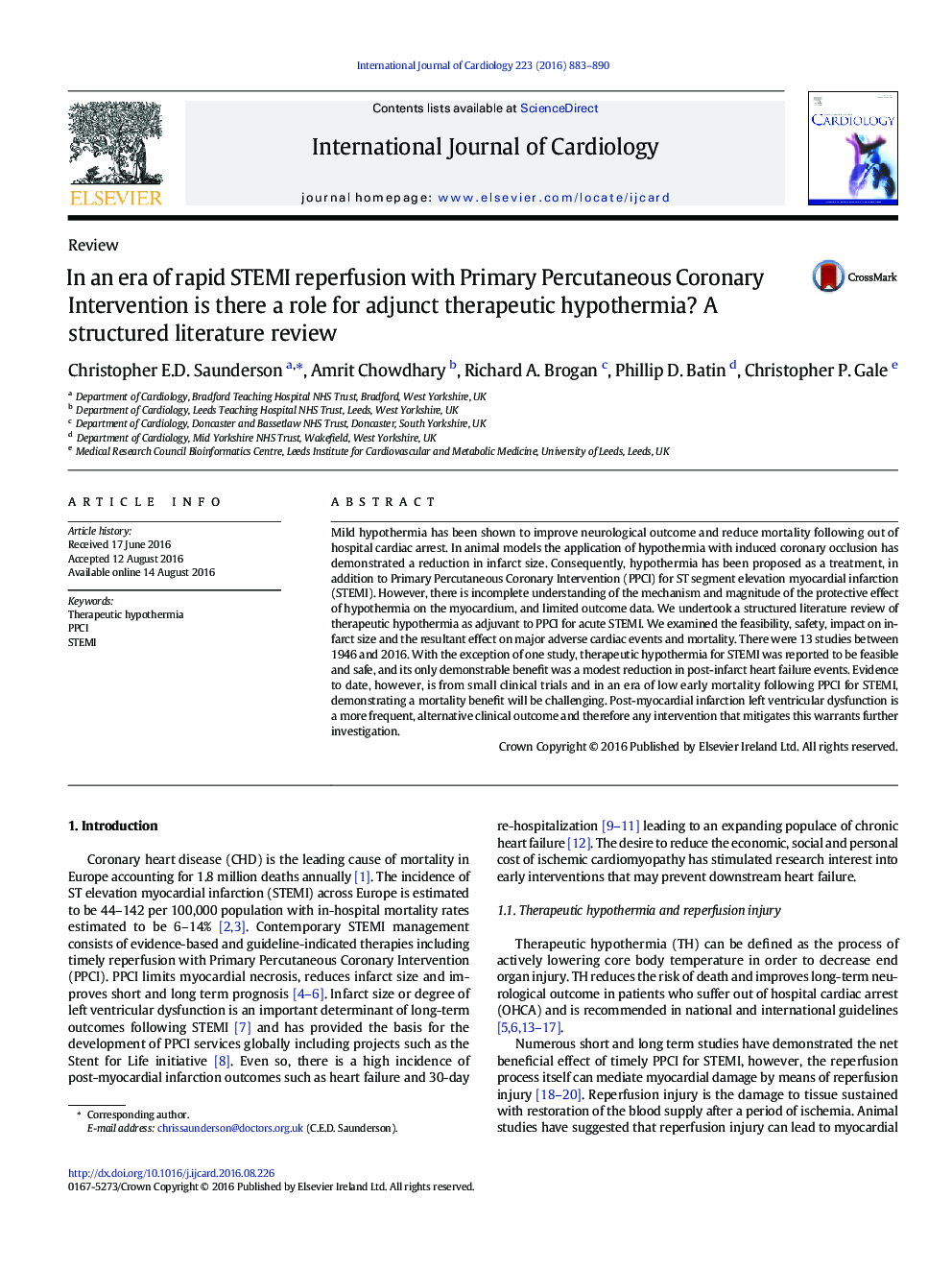 In an era of rapid STEMI reperfusion with Primary Percutaneous Coronary Intervention is there a role for adjunct therapeutic hypothermia? A structured literature review