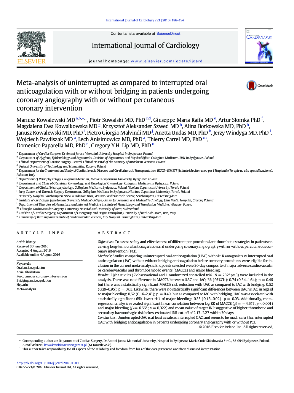Meta-analysis of uninterrupted as compared to interrupted oral anticoagulation with or without bridging in patients undergoing coronary angiography with or without percutaneous coronary intervention