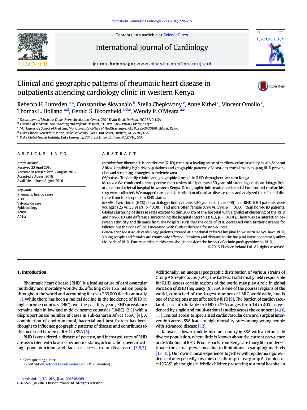 Clinical and geographic patterns of rheumatic heart disease in outpatients attending cardiology clinic in western Kenya