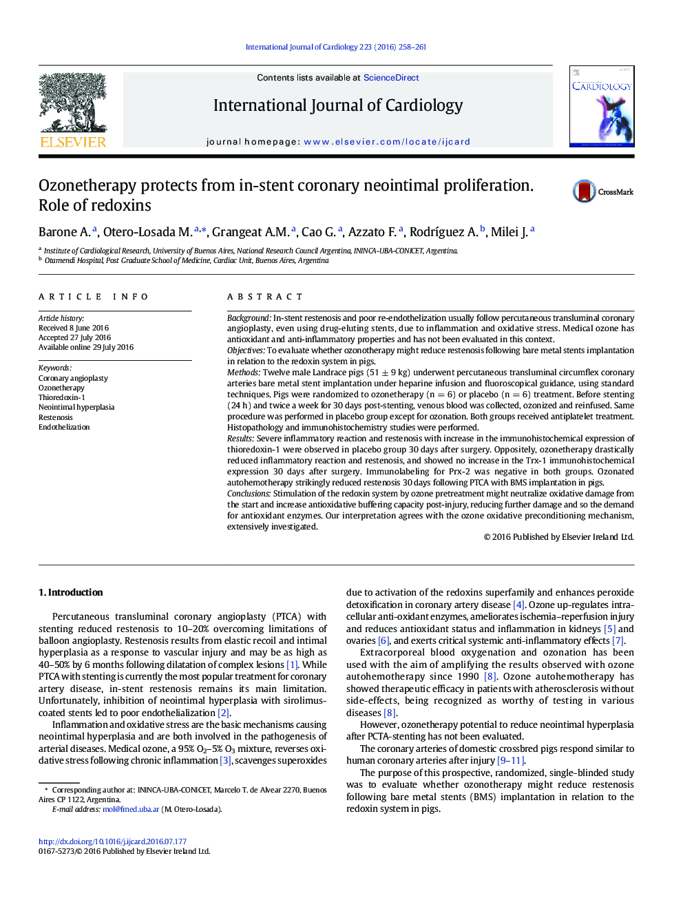 Ozonetherapy protects from in-stent coronary neointimal proliferation. Role of redoxins