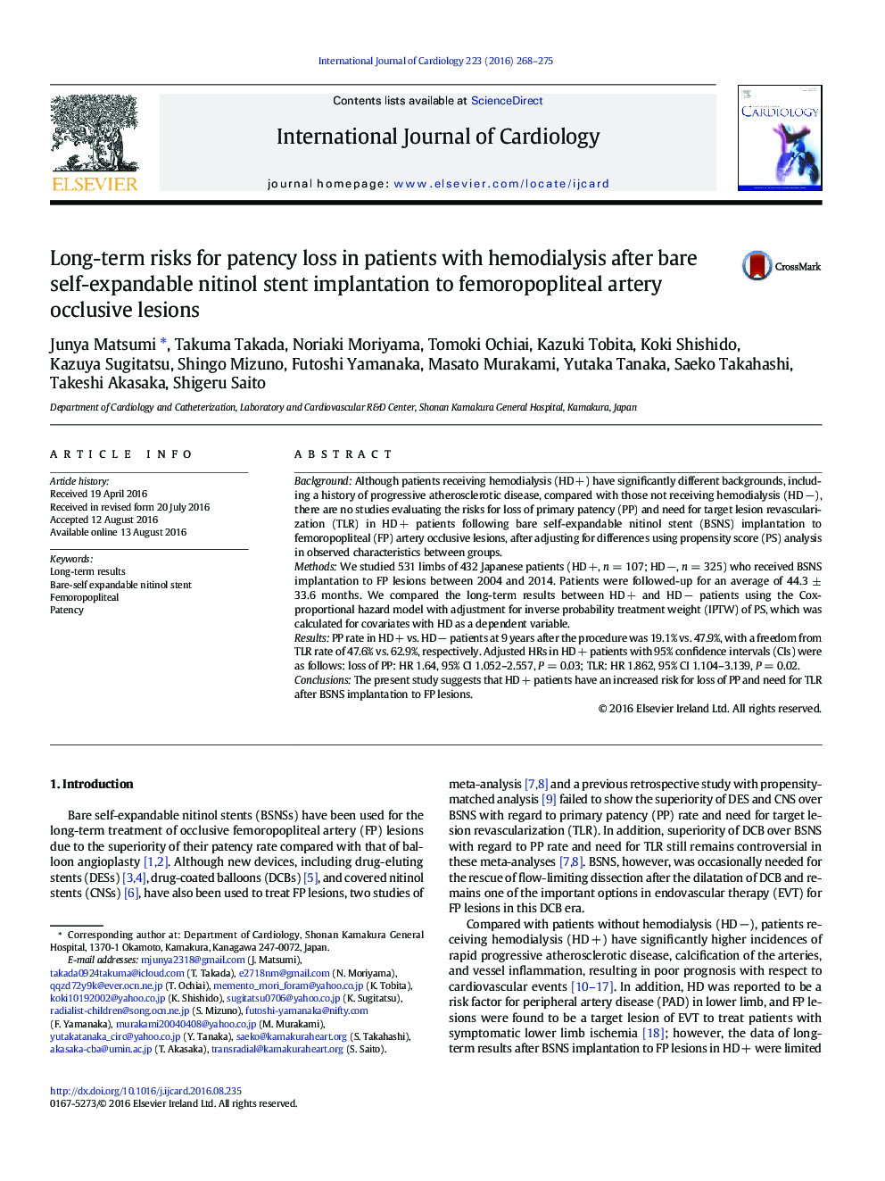 Long-term risks for patency loss in patients with hemodialysis after bare self-expandable nitinol stent implantation to femoropopliteal artery occlusive lesions