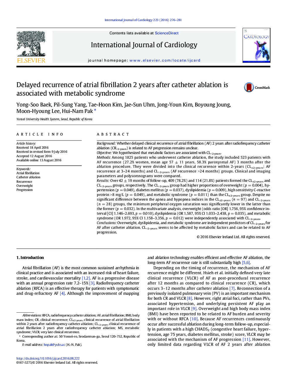 Delayed recurrence of atrial fibrillation 2 years after catheter ablation is associated with metabolic syndrome