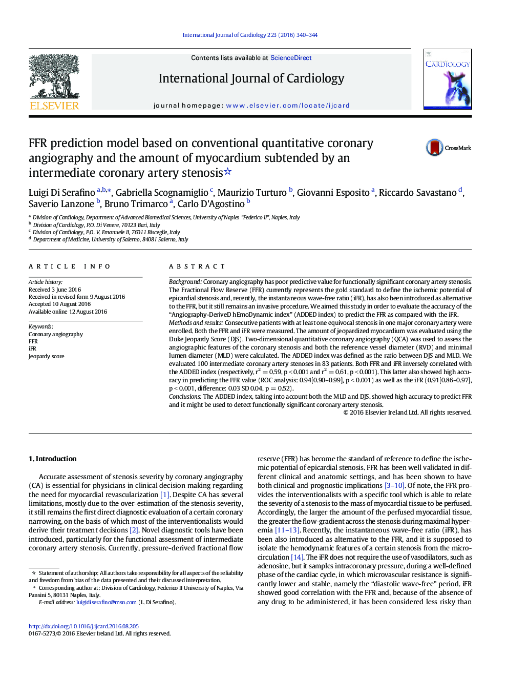 FFR prediction model based on conventional quantitative coronary angiography and the amount of myocardium subtended by an intermediate coronary artery stenosis