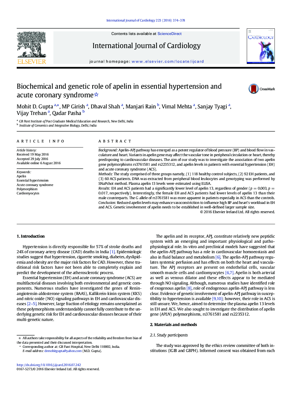 Biochemical and genetic role of apelin in essential hypertension and acute coronary syndrome