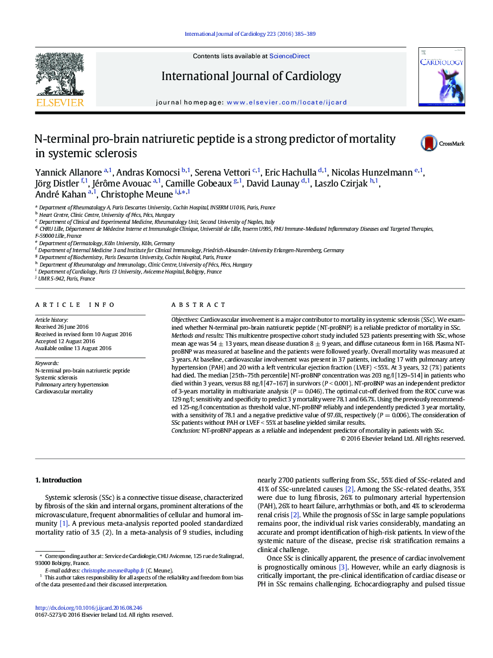 N-terminal pro-brain natriuretic peptide is a strong predictor of mortality in systemic sclerosis