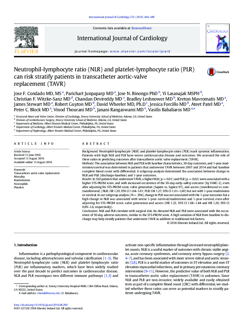 Neutrophil-lymphocyte ratio (NLR) and platelet-lymphocyte ratio (PLR) can risk stratify patients in transcatheter aortic-valve replacement (TAVR)