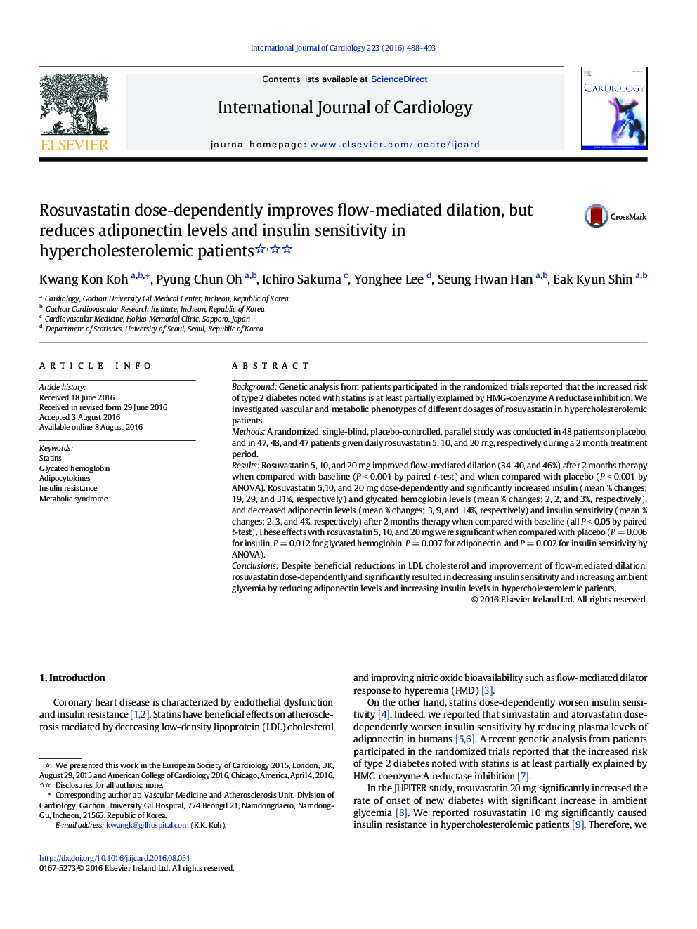 Rosuvastatin dose-dependently improves flow-mediated dilation, but reduces adiponectin levels and insulin sensitivity in hypercholesterolemic patients