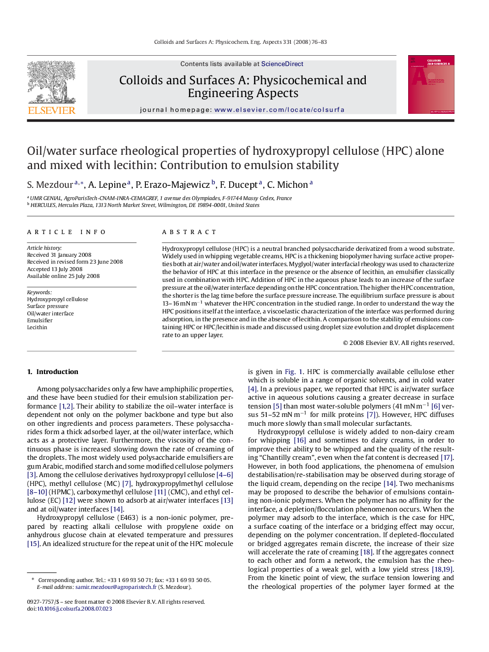 عکس صفحه اول مقاله: Oil/water surface rheological properties of hydroxypropyl cellulose (HPC) alone and mixed with lecithin: Contribution to emulsion stability Oil/water surface rheological properties of hydroxypropyl cellulose (HPC) alone and mixed with lecithin: Contribution to emulsion stability