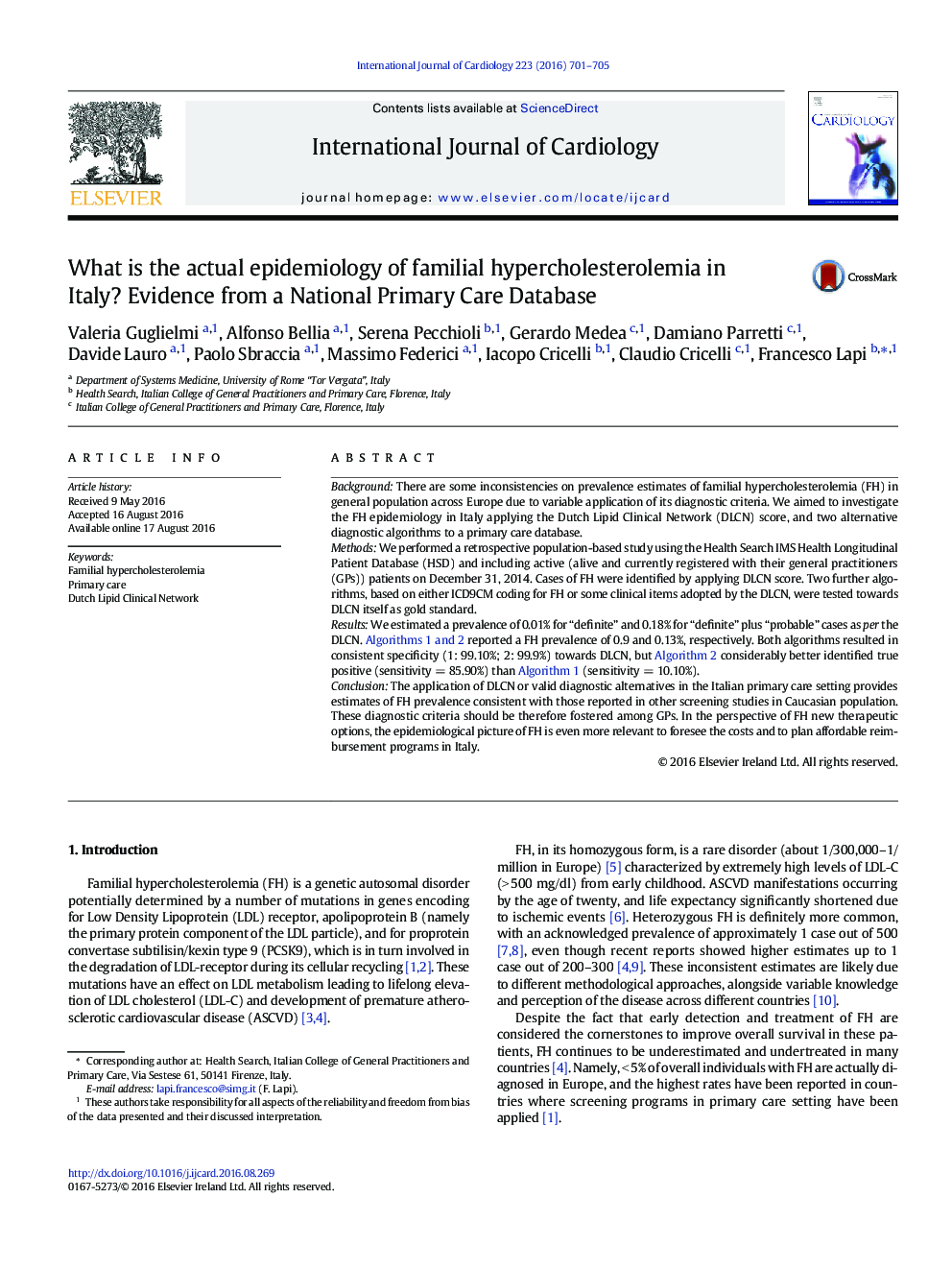 What is the actual epidemiology of familial hypercholesterolemia in Italy? Evidence from a National Primary Care Database