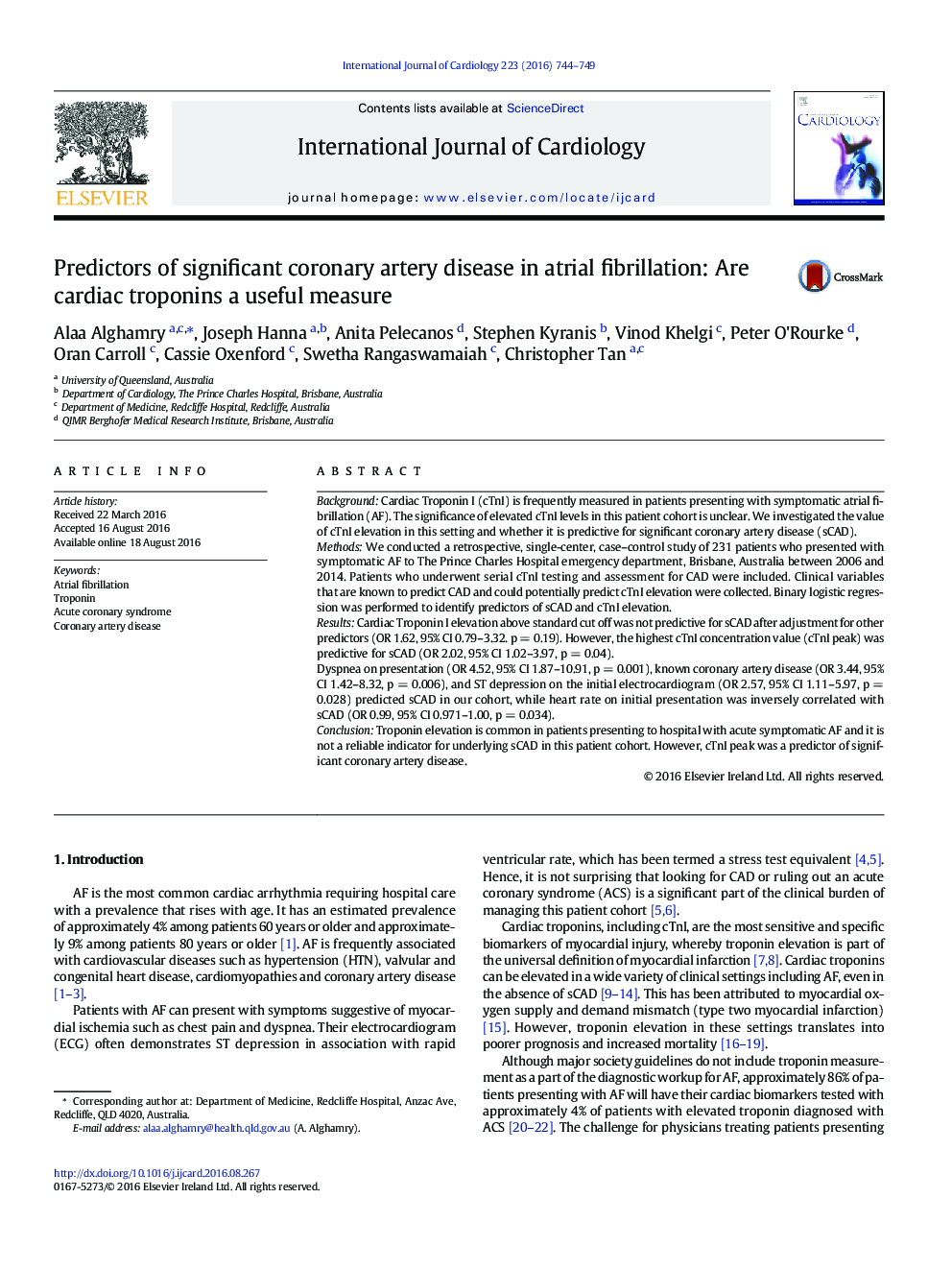 Predictors of significant coronary artery disease in atrial fibrillation: Are cardiac troponins a useful measure