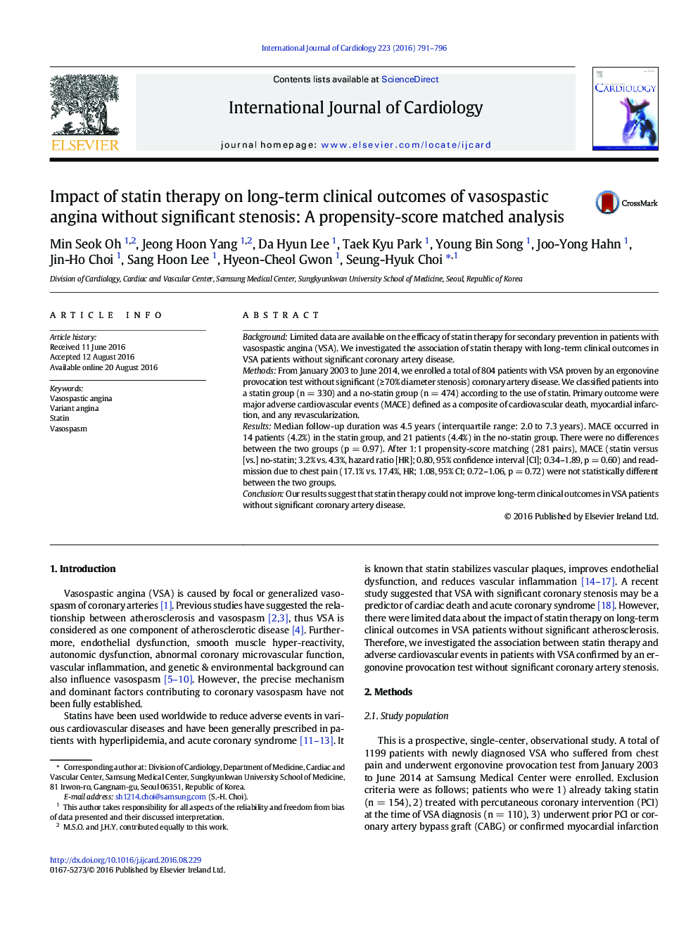 Impact of statin therapy on long-term clinical outcomes of vasospastic angina without significant stenosis: A propensity-score matched analysis