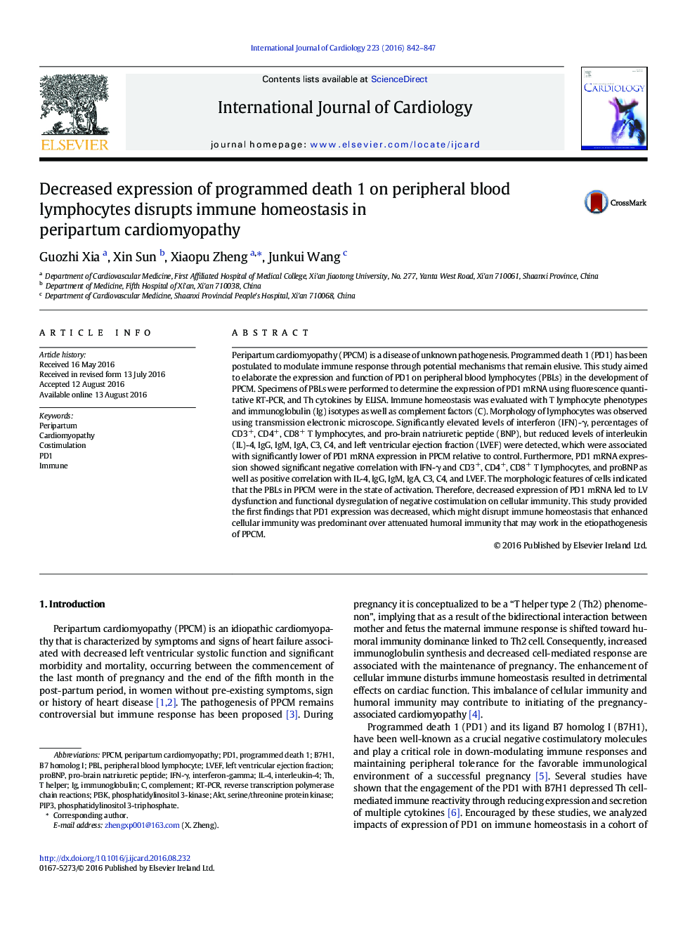 Decreased expression of programmed death 1 on peripheral blood lymphocytes disrupts immune homeostasis in peripartum cardiomyopathy