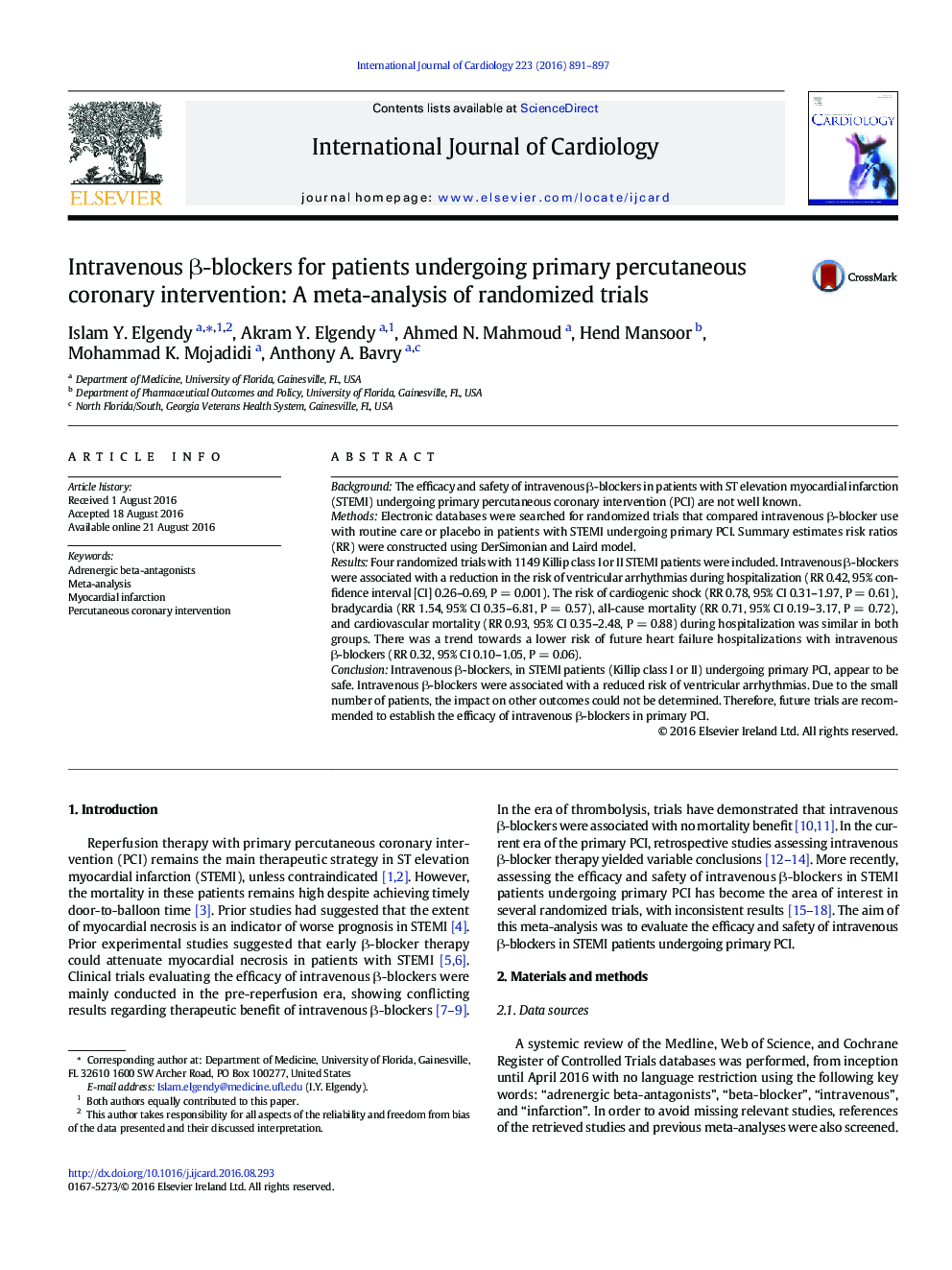 Intravenous Î²-blockers for patients undergoing primary percutaneous coronary intervention: A meta-analysis of randomized trials