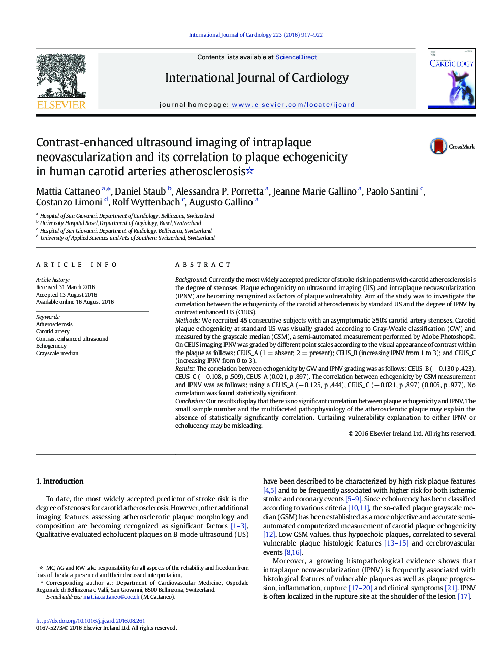 Contrast-enhanced ultrasound imaging of intraplaque neovascularization and its correlation to plaque echogenicity in human carotid arteries atherosclerosis