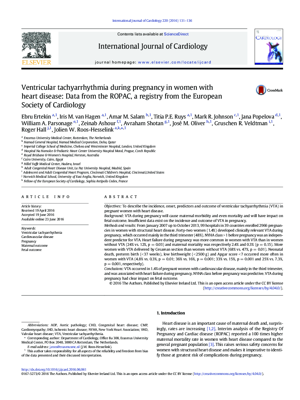 Ventricular tachyarrhythmia during pregnancy in women with heart disease: Data from the ROPAC, a registry from the European Society of Cardiology