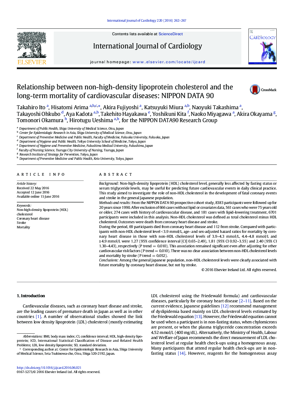 Relationship between non-high-density lipoprotein cholesterol and the long-term mortality of cardiovascular diseases: NIPPON DATA 90