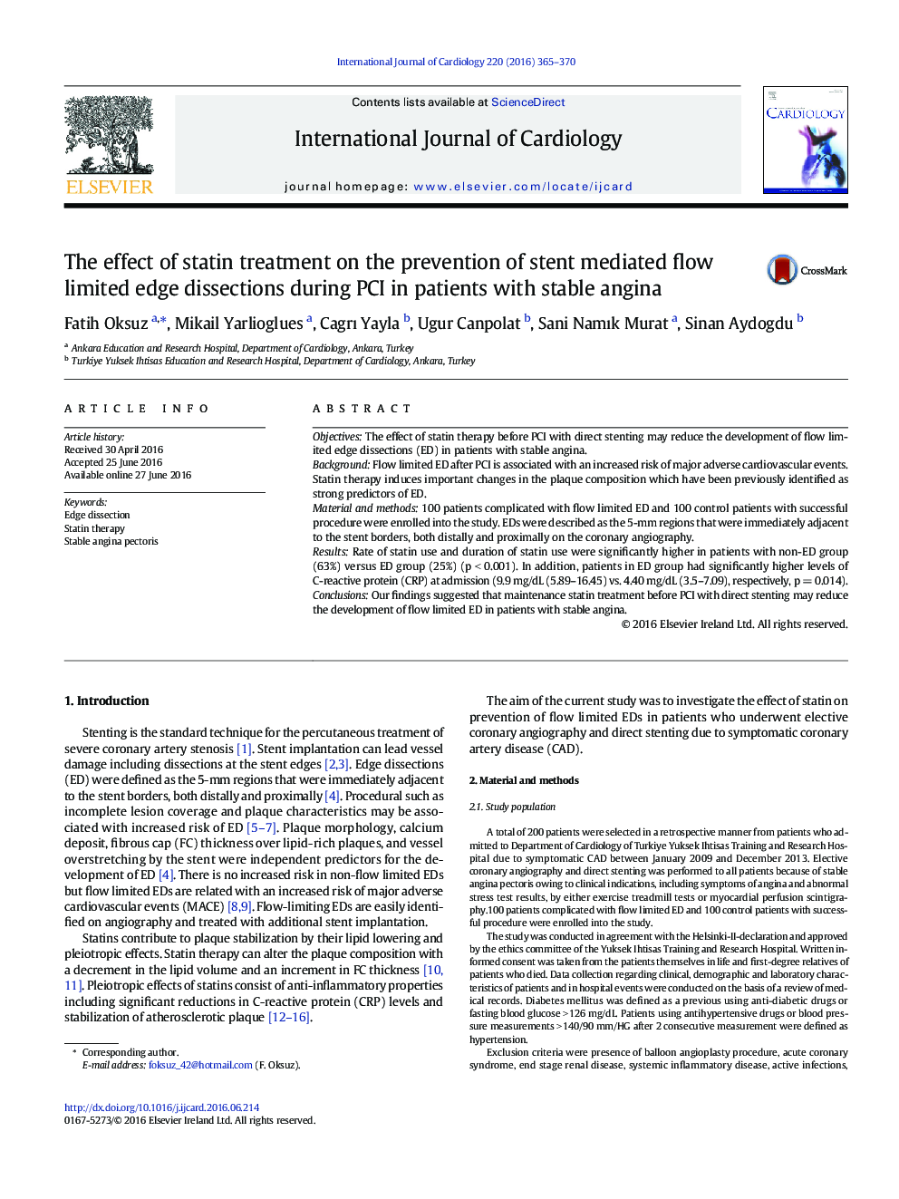 The effect of statin treatment on the prevention of stent mediated flow limited edge dissections during PCI in patients with stable angina