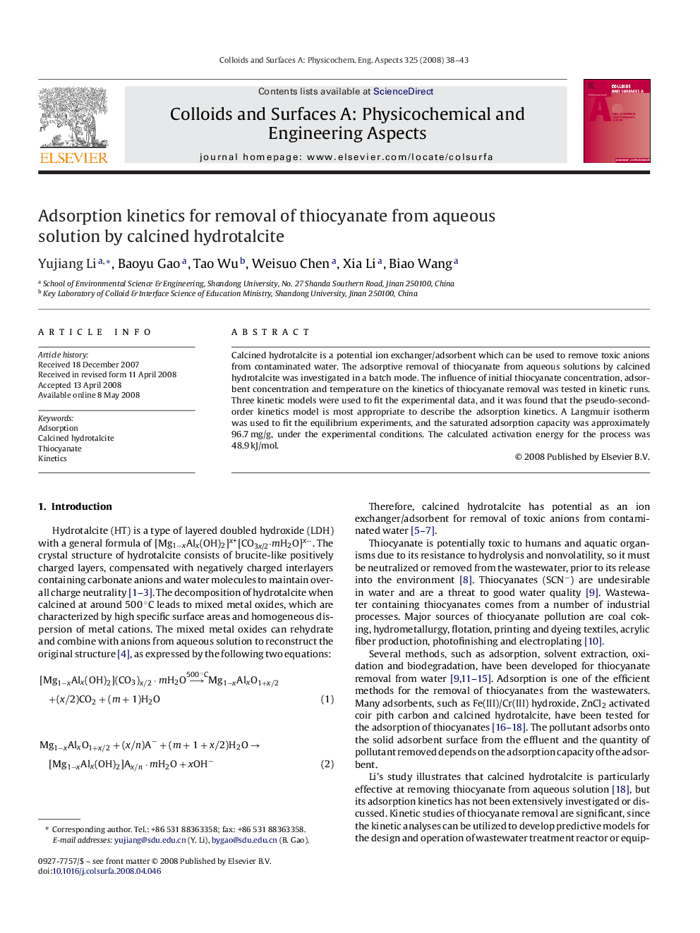 Adsorption kinetics for removal of thiocyanate from aqueous solution by calcined hydrotalcite