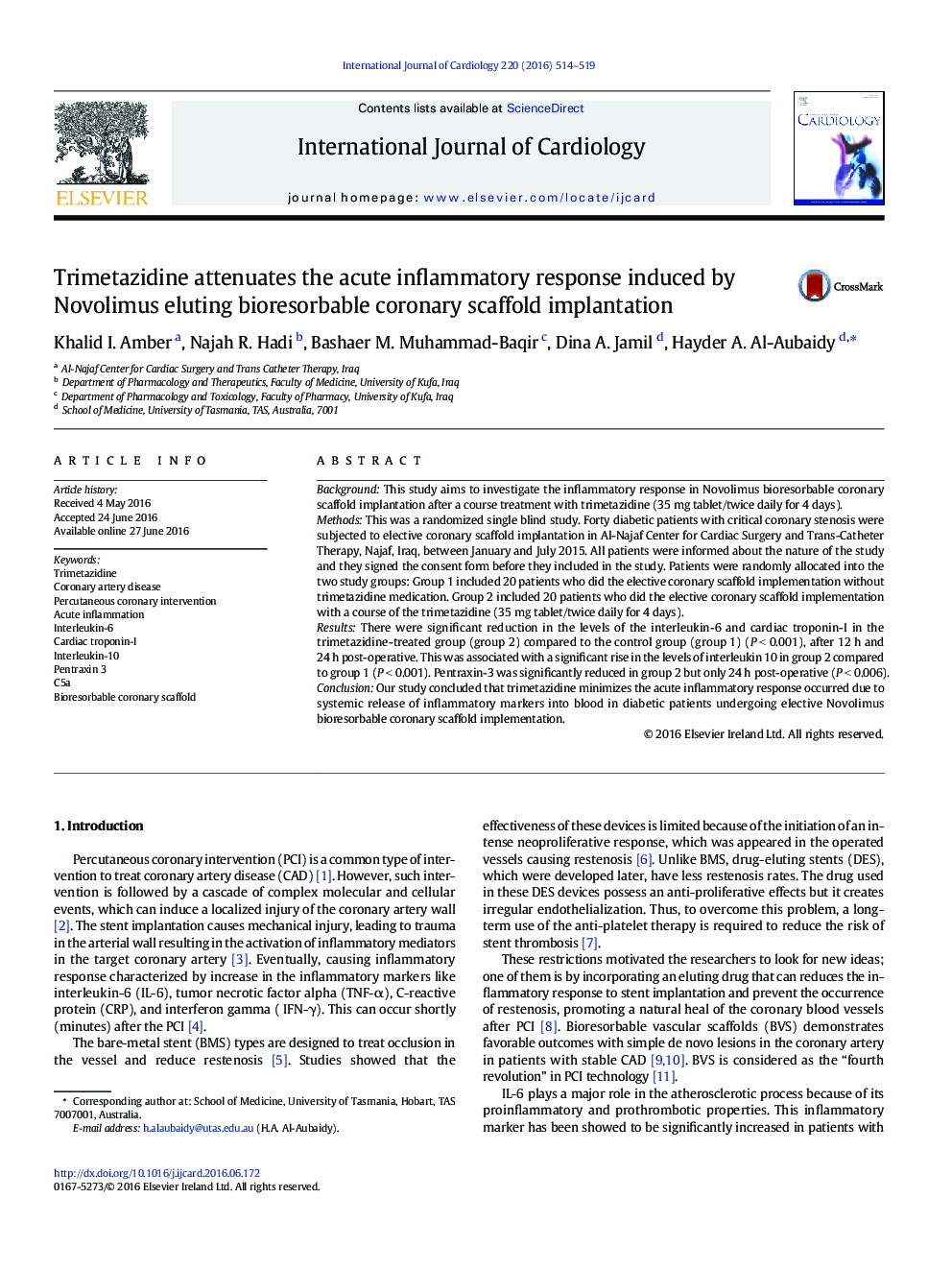 Trimetazidine attenuates the acute inflammatory response induced by Novolimus eluting bioresorbable coronary scaffold implantation