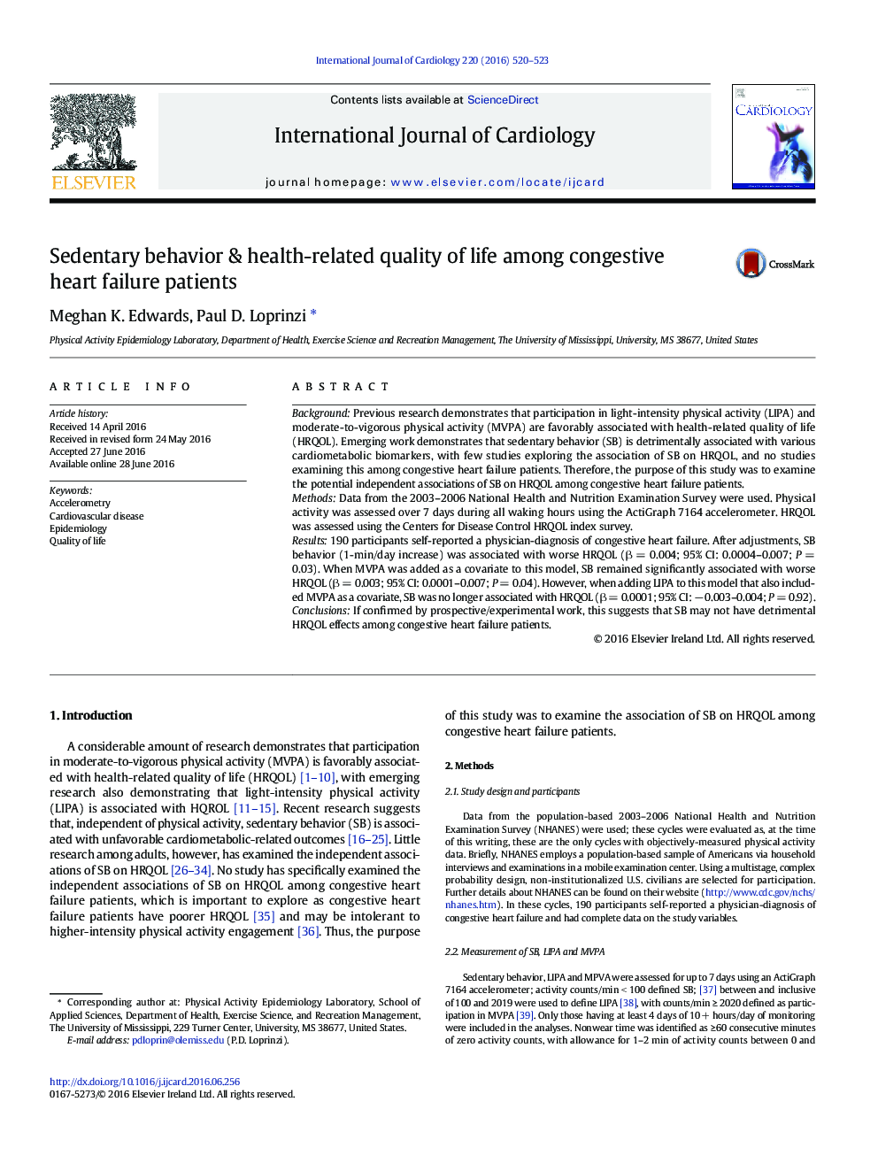 Sedentary behavior & health-related quality of life among congestive heart failure patients