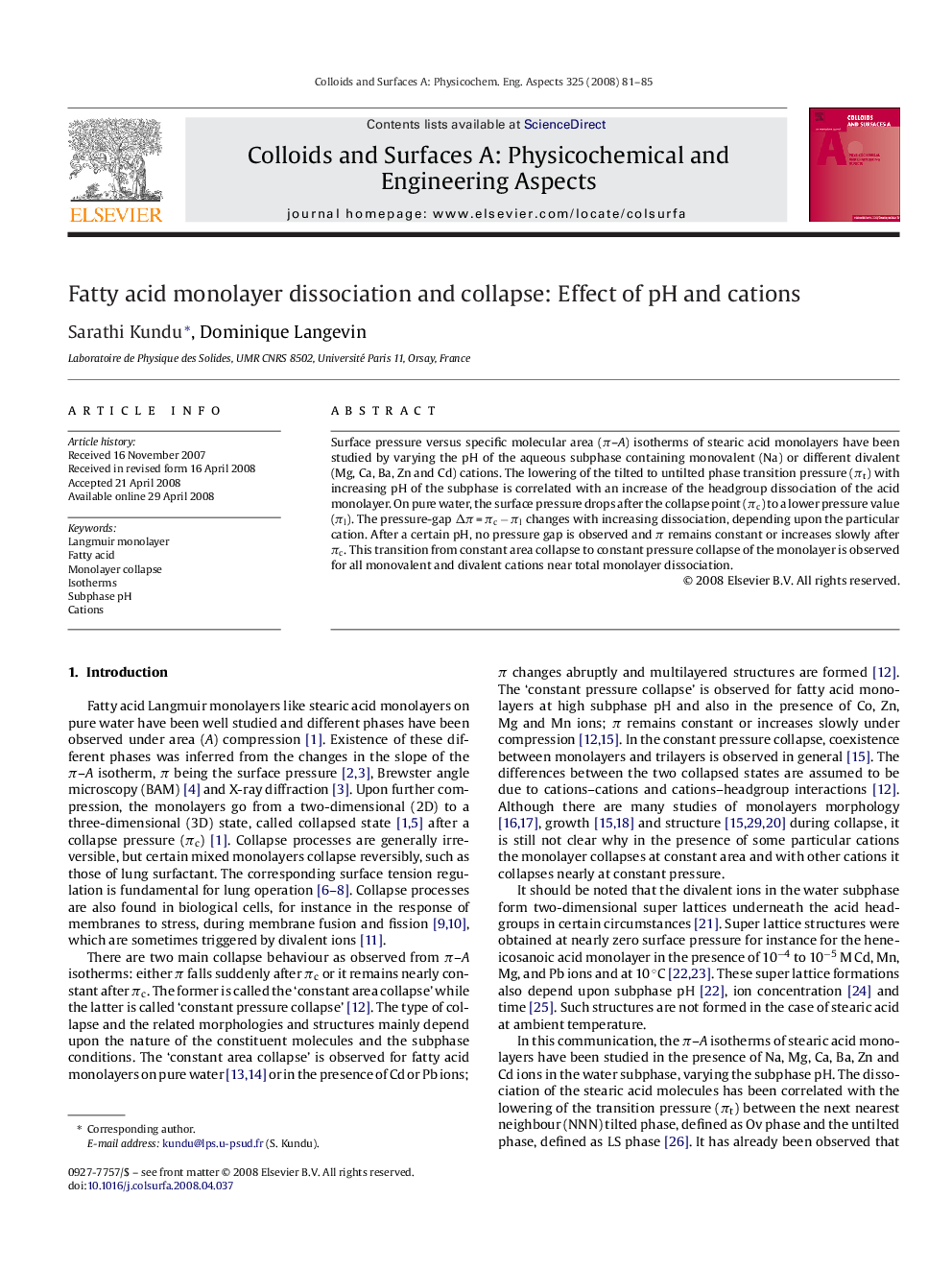 Fatty acid monolayer dissociation and collapse: Effect of pH and cations