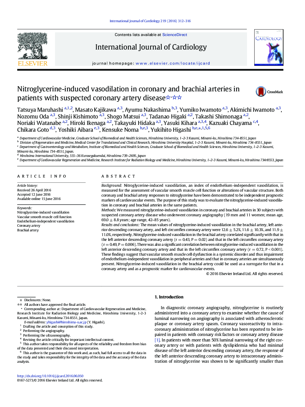 Nitroglycerine-induced vasodilation in coronary and brachial arteries in patients with suspected coronary artery disease