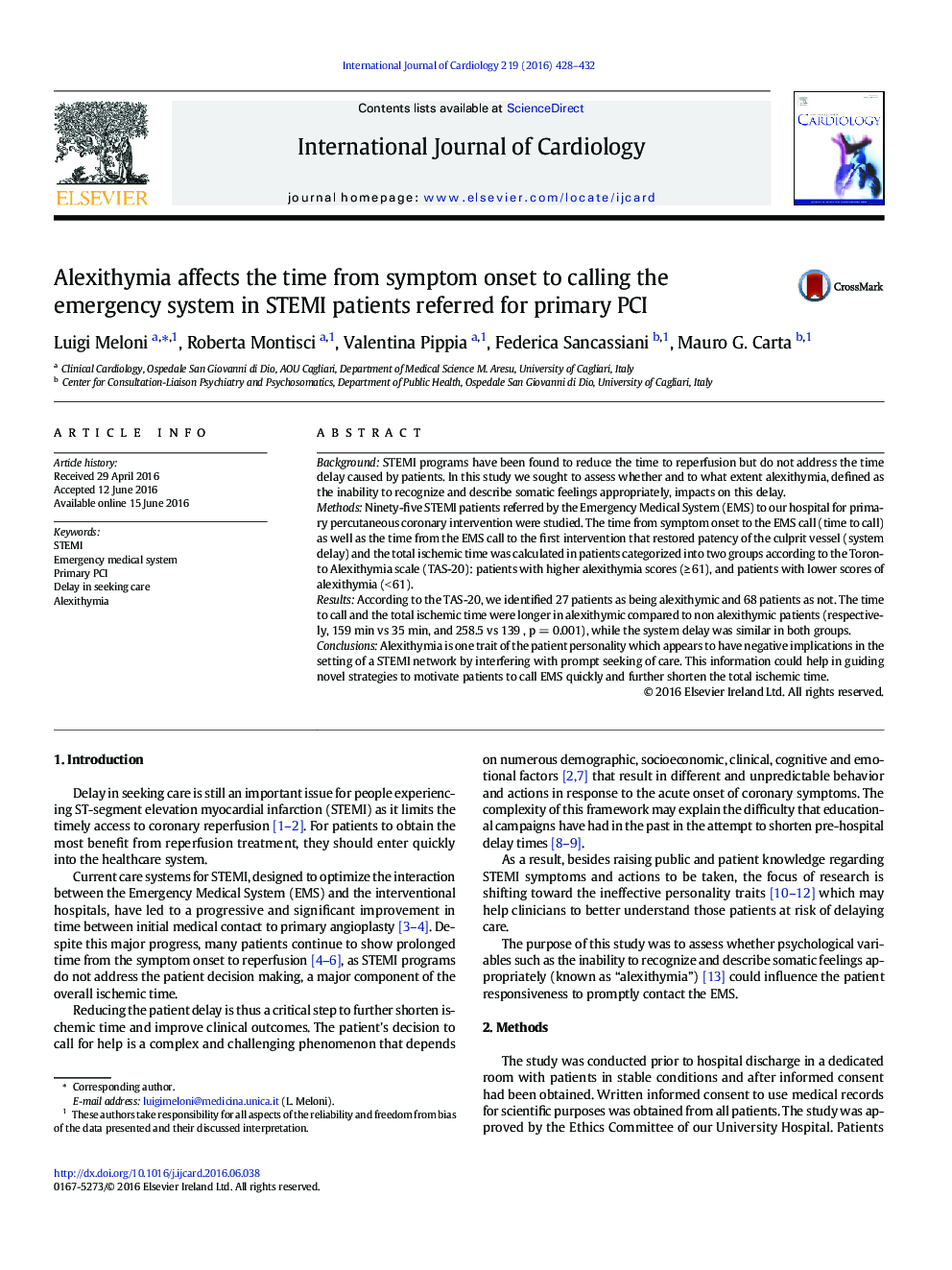 Alexithymia affects the time from symptom onset to calling the emergency system in STEMI patients referred for primary PCI