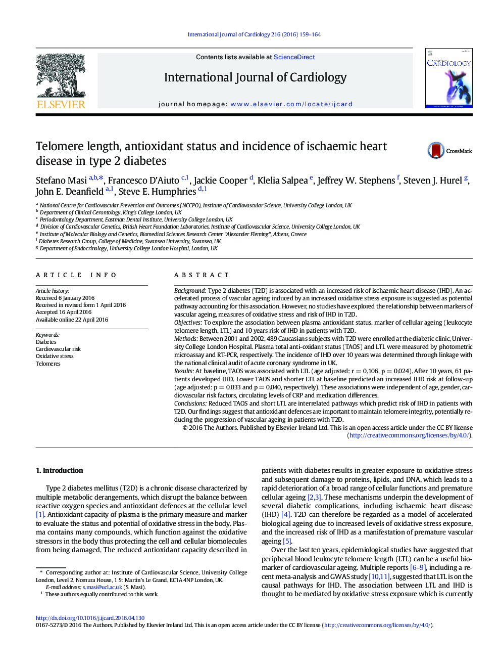 Telomere length, antioxidant status and incidence of ischaemic heart disease in type 2 diabetes