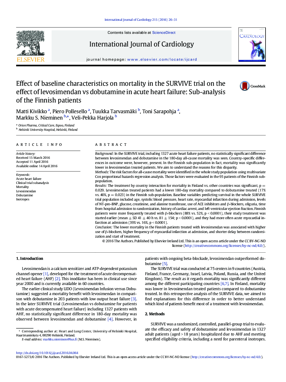 Effect of baseline characteristics on mortality in the SURVIVE trial on the effect of levosimendan vs dobutamine in acute heart failure: Sub-analysis of the Finnish patients