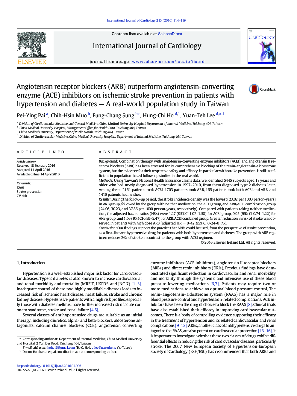 Angiotensin receptor blockers (ARB) outperform angiotensin-converting enzyme (ACE) inhibitors on ischemic stroke prevention in patients with hypertension and diabetes - A real-world population study in Taiwan