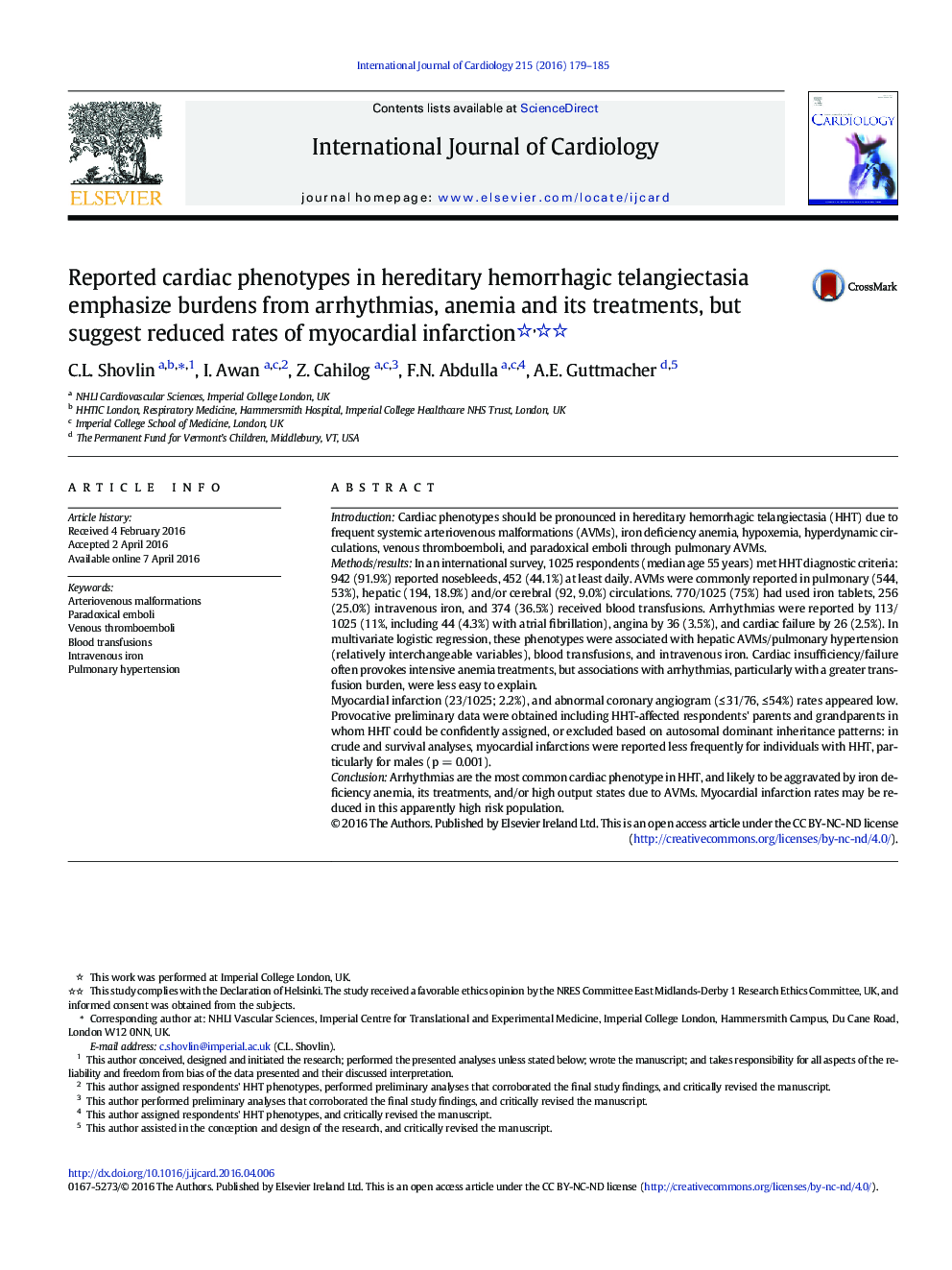 Reported cardiac phenotypes in hereditary hemorrhagic telangiectasia emphasize burdens from arrhythmias, anemia and its treatments, but suggest reduced rates of myocardial infarction